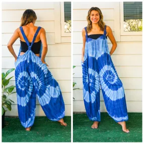 J5375- Shibori Blue Hand Dyed Hippie Racerback Dungarees Jumpsuit Romper