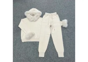 Light Beige Faux Fur Trim Hood & Cuff Tracksuit