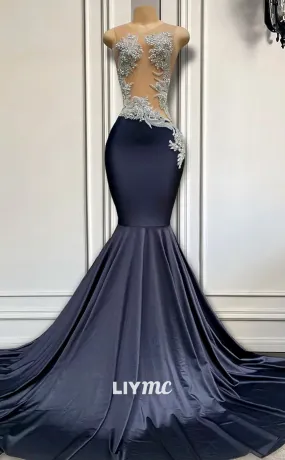 LP1426 - Off-Shoulder Cut Outs Appliques Beaded Sleek Satin Mermiad Prom Dress for Black Girls Slay