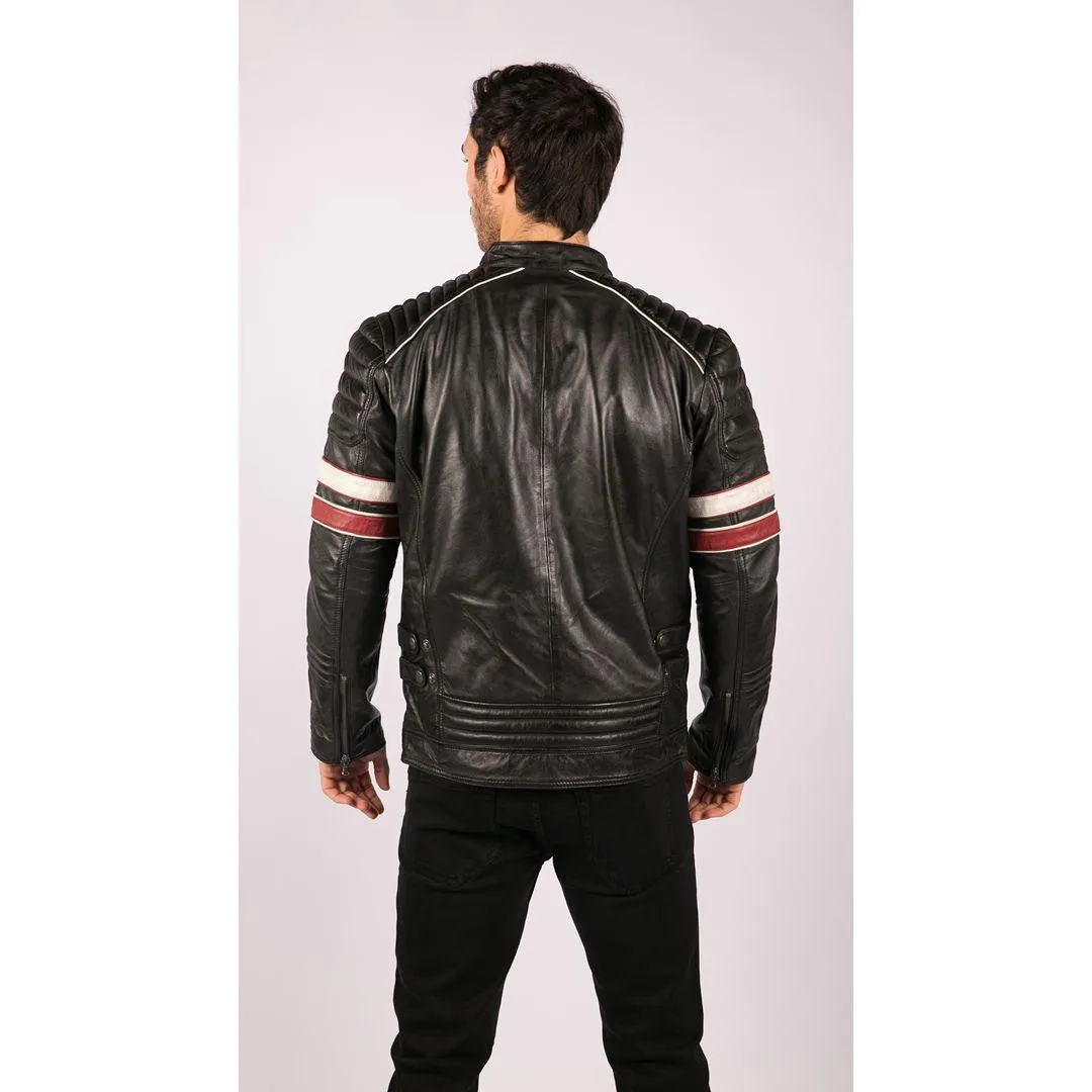 Mens Black Racing Biker Jacket Red White Stripes Real Leather Casual Fit