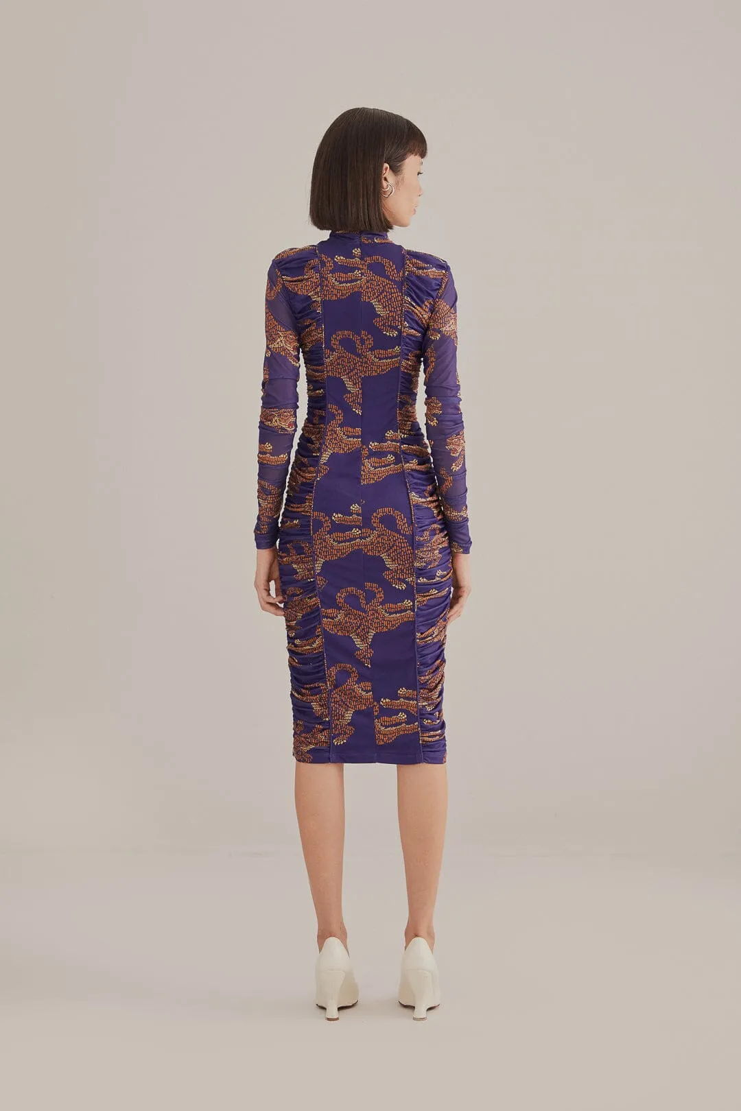 Navy Blue Leopards  High Neck Midi Dress