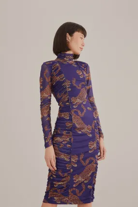 Navy Blue Leopards  High Neck Midi Dress