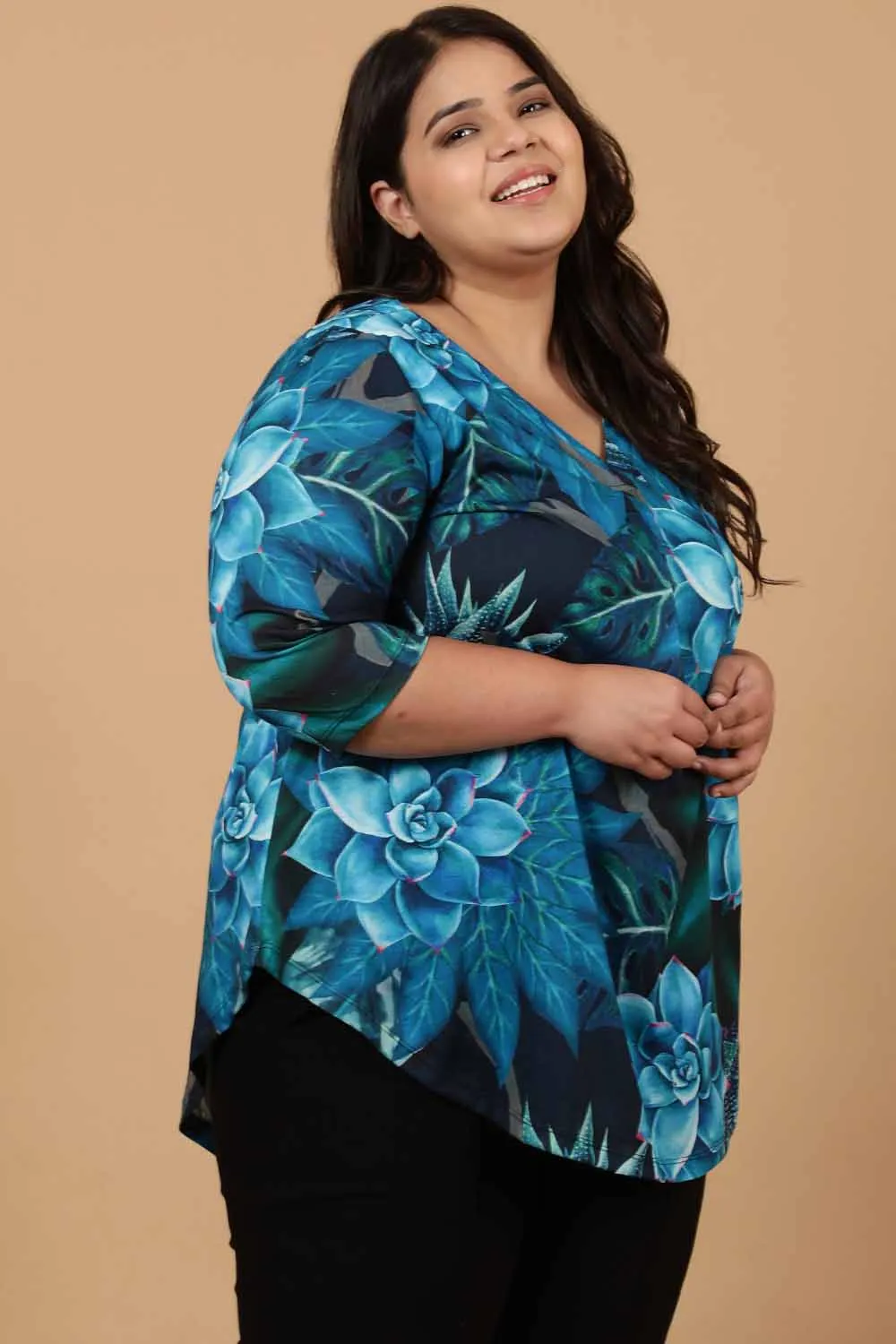 Plus Size Black Deepwater Printed Centre Pleat Top