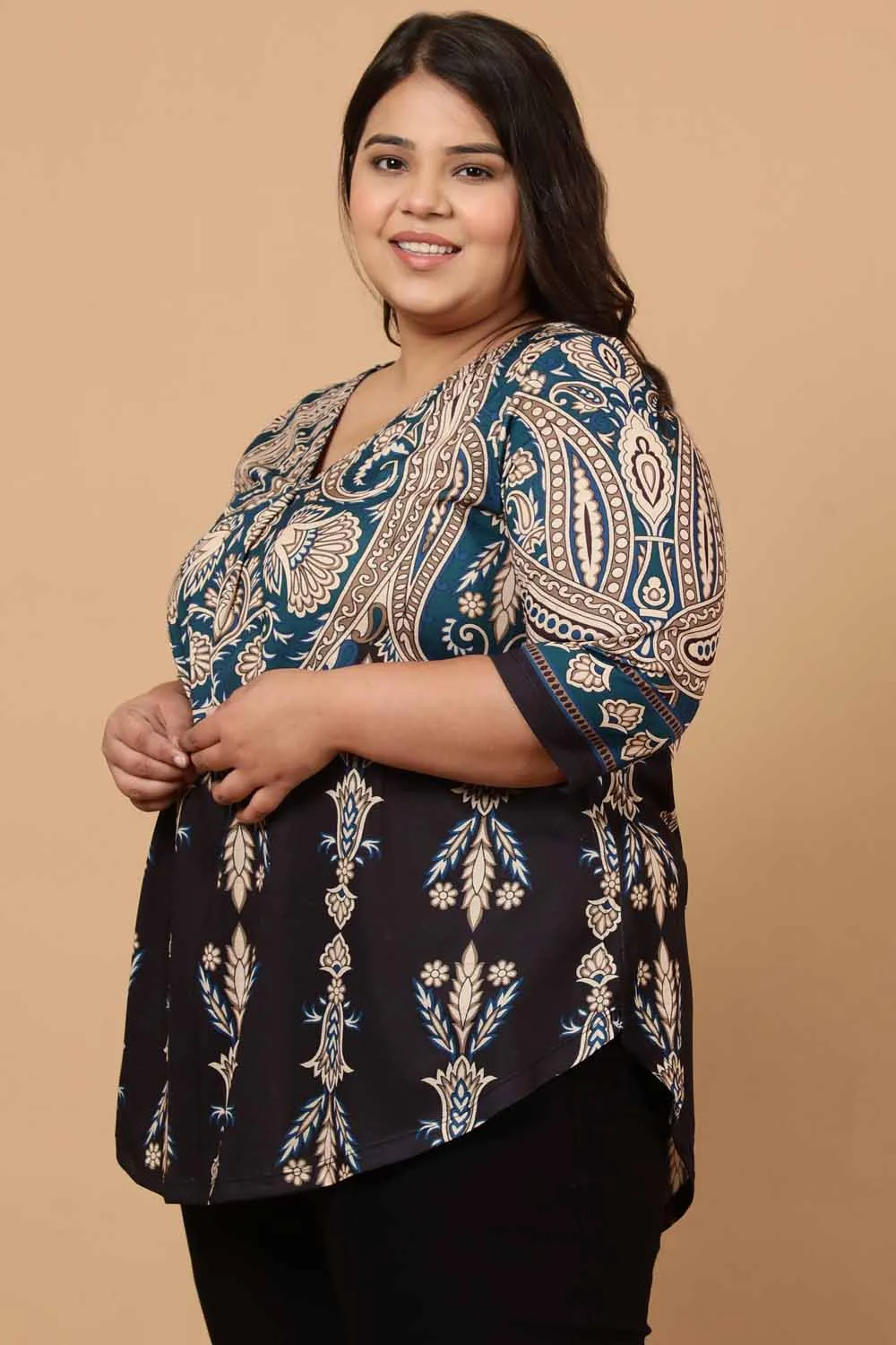 Plus Size Black Luxe Ethnic Print Centre Pleat Top