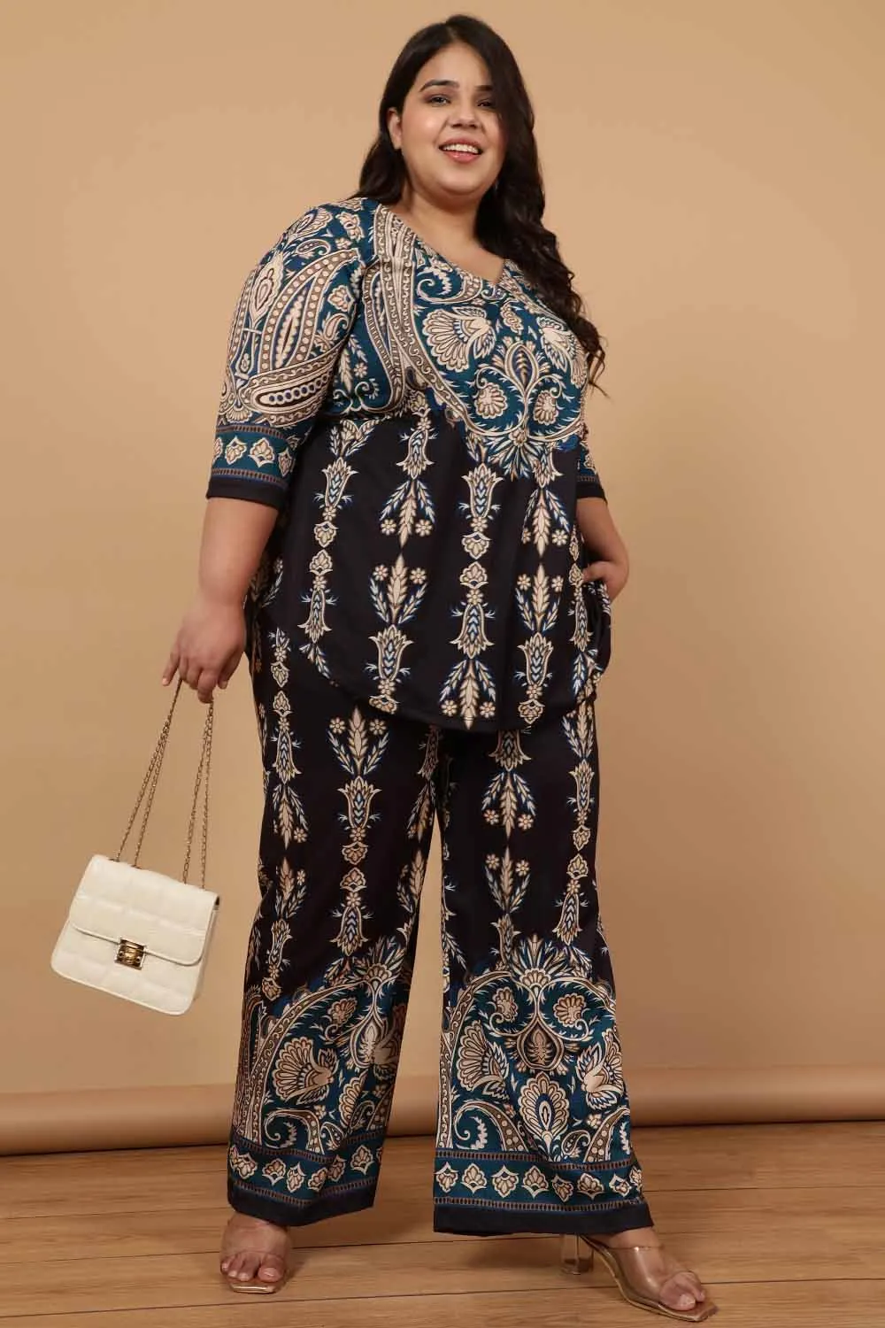 Plus Size Black Luxe Ethnic Print Centre Pleat Top