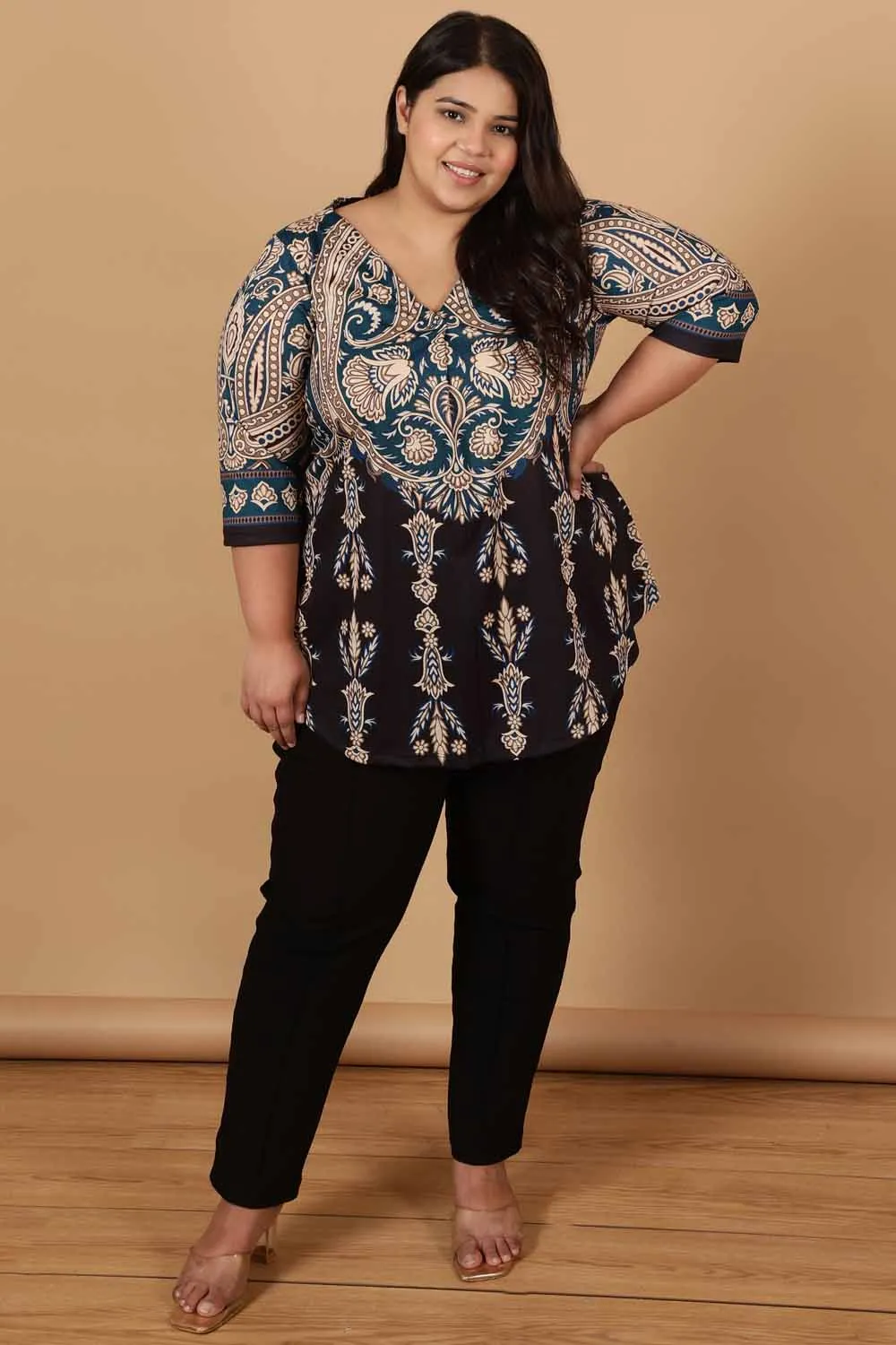 Plus Size Black Luxe Ethnic Print Centre Pleat Top