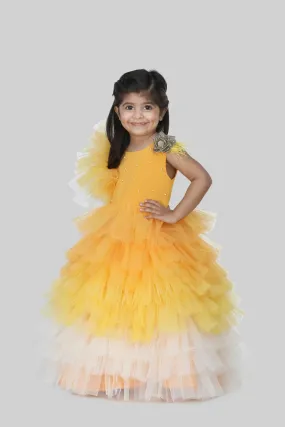 Pre-Order:  Exquisite Mustard Yellow Floral And Pearl Embellished Ruffled Gown