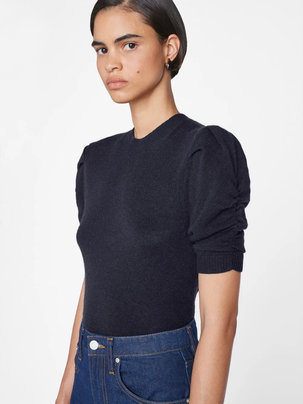 Ruched Sleeve Cashmere Sweater -- Navy