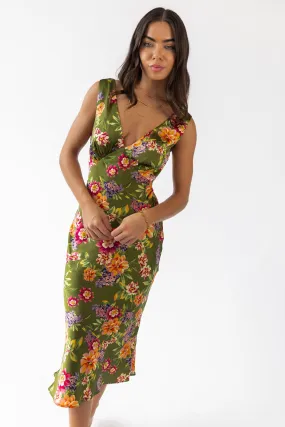 Sage Floral V-Neck Midi Dress