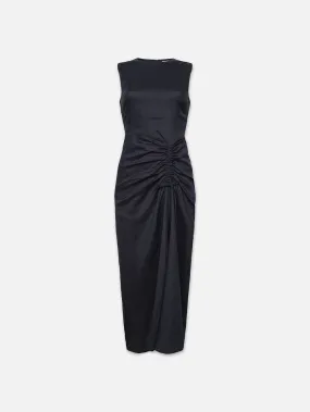 Sleeveless Ruched Front Tie Dress -- Navy