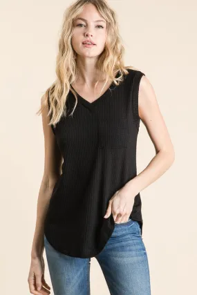 Sleeveless Waffle Knit Tank Top- Black