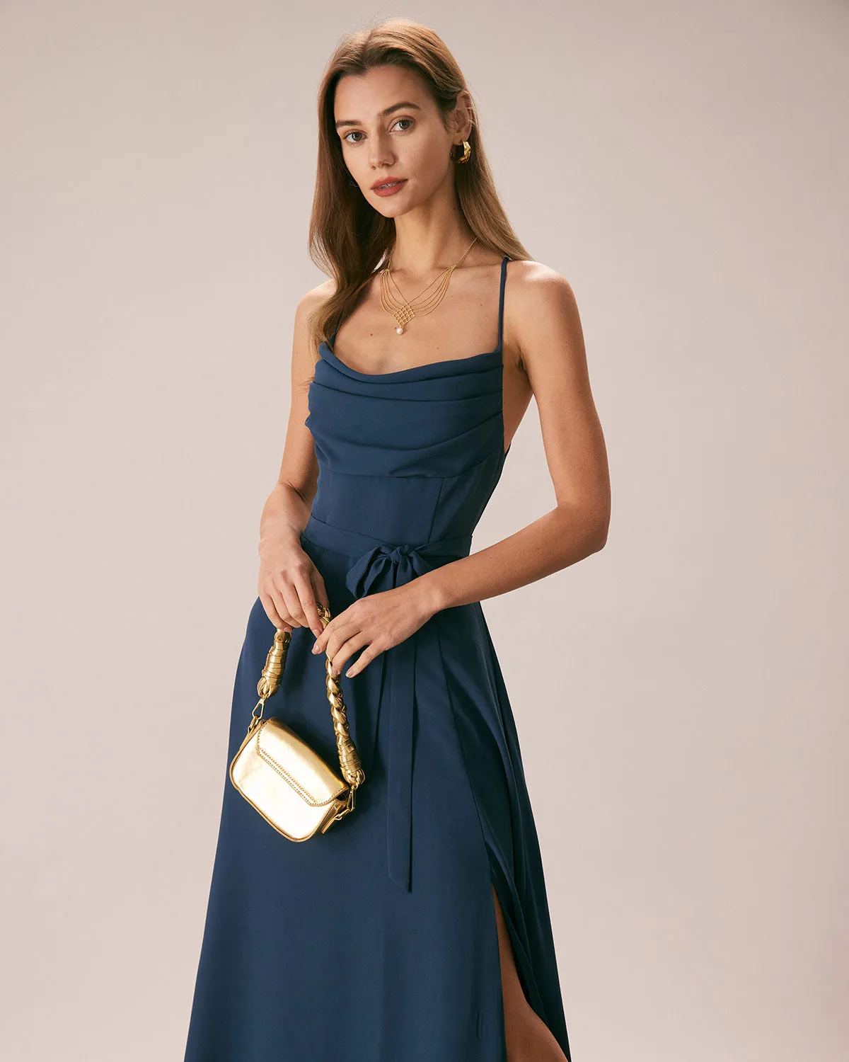 The Navy Cowl Neck Cutout Back Maxi Dress