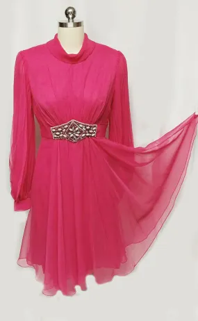 *VINTAGE HOT PINK BEADED, RHINESTONE & PEARL COCKTAIL DRESS WITH HUGE PLEATED SLEEVES