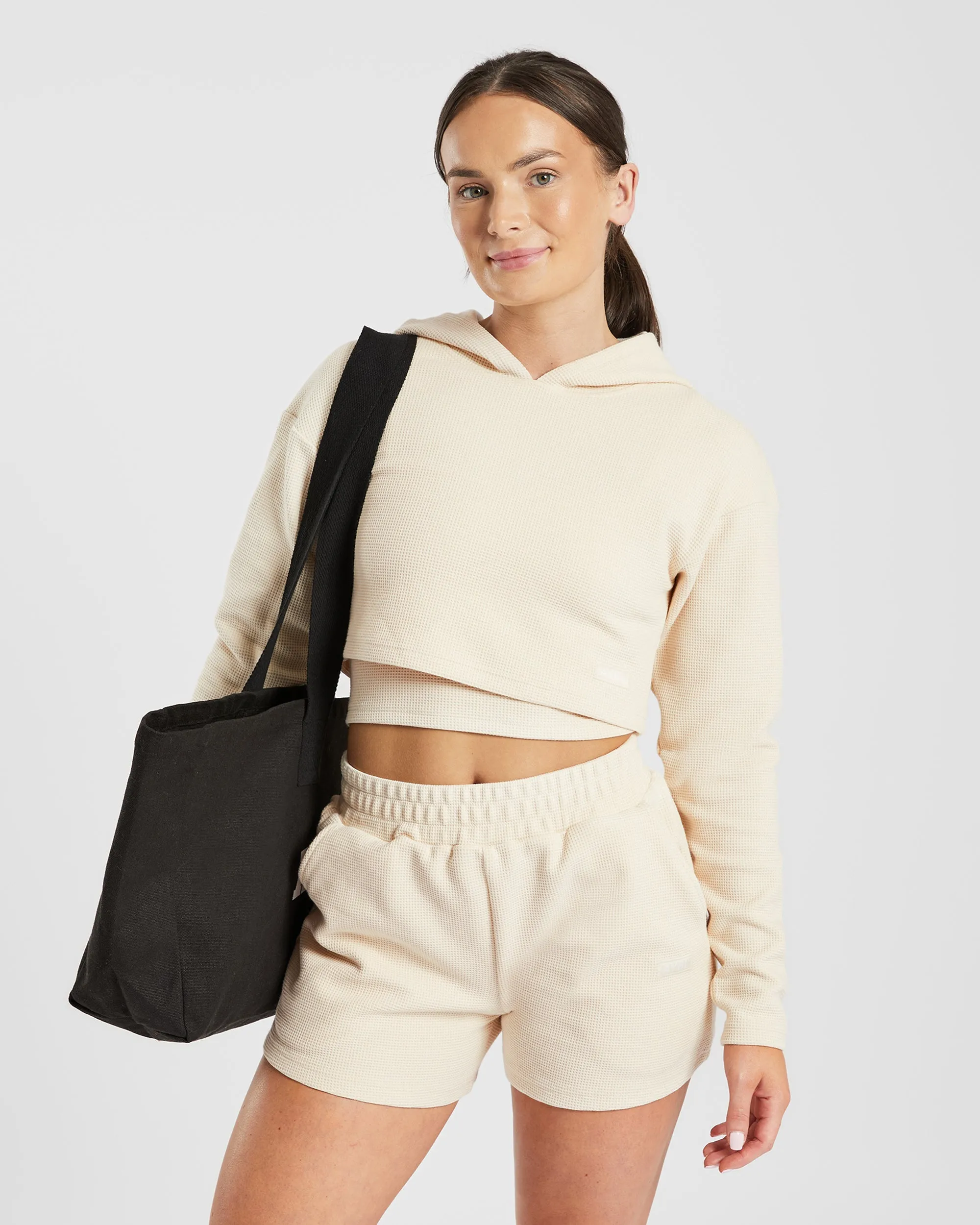 Waffle Crop Hoodie - Beige