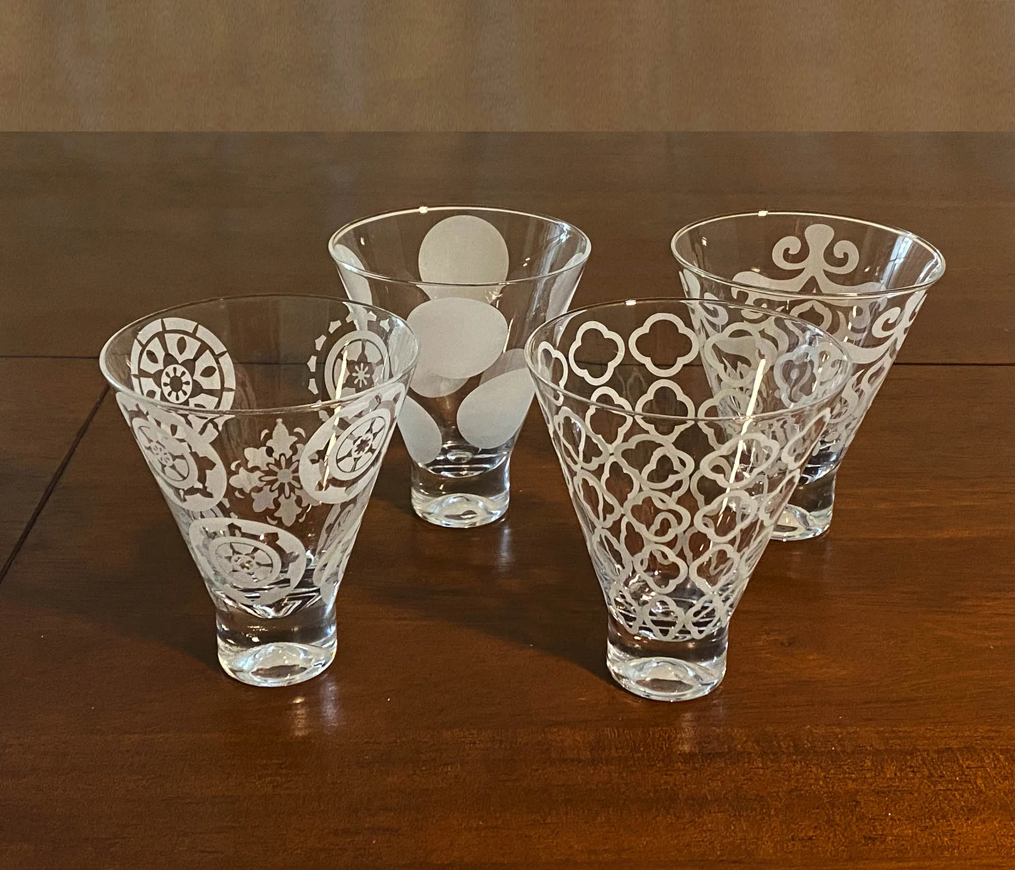 White Etched Cocktail Glasses, Stemless Bar Glass Set