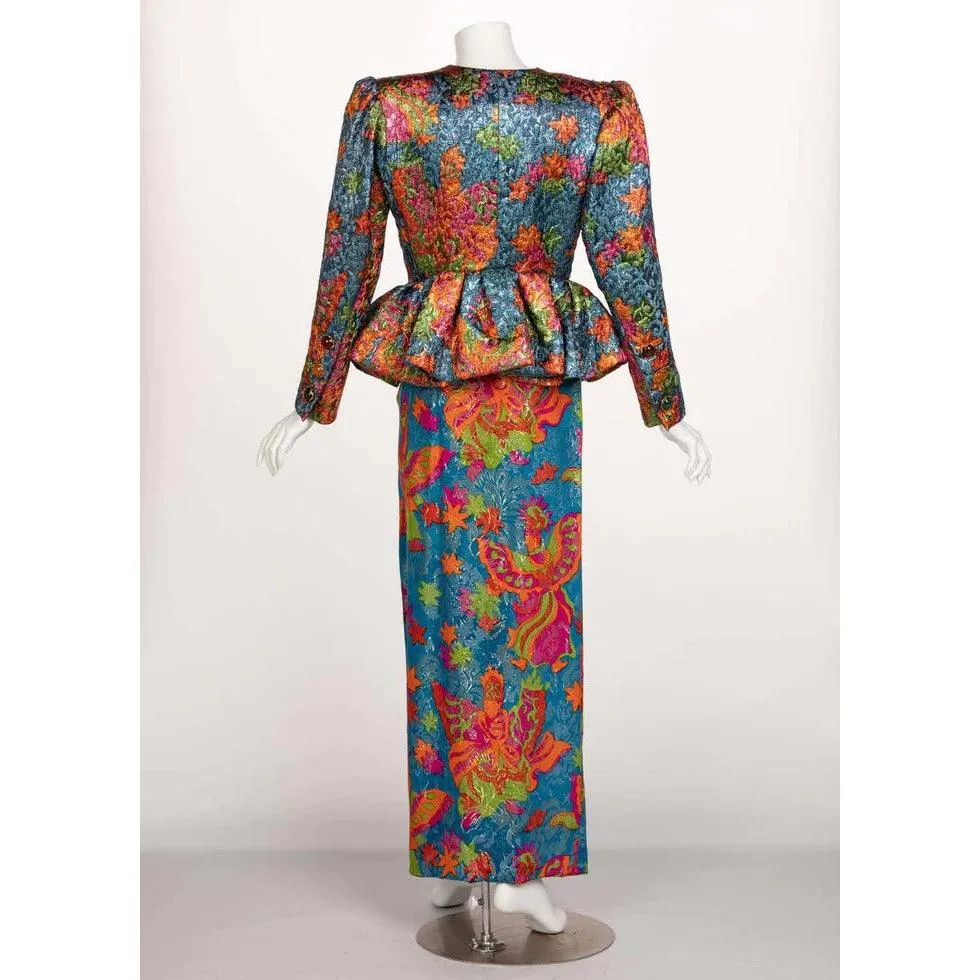 YVES SAINT LAURENT Silk Brocade Jacket Butterfly Skirt Ensemble Runway, 1989 | Size 40