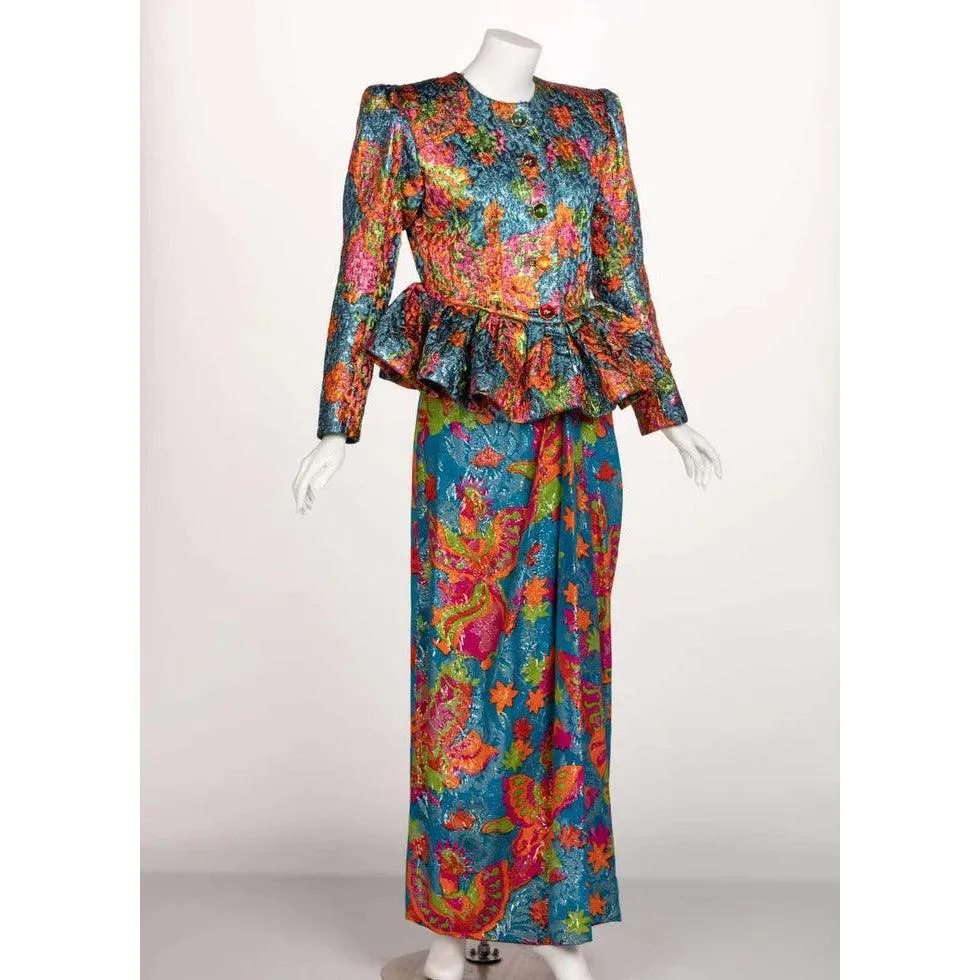 YVES SAINT LAURENT Silk Brocade Jacket Butterfly Skirt Ensemble Runway, 1989 | Size 40