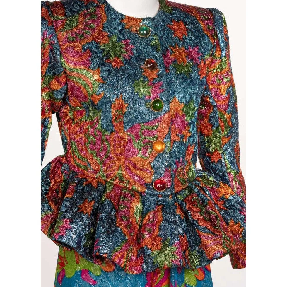 YVES SAINT LAURENT Silk Brocade Jacket Butterfly Skirt Ensemble Runway, 1989 | Size 40