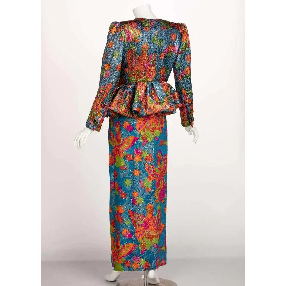 YVES SAINT LAURENT Silk Brocade Jacket Butterfly Skirt Ensemble Runway, 1989 | Size 40