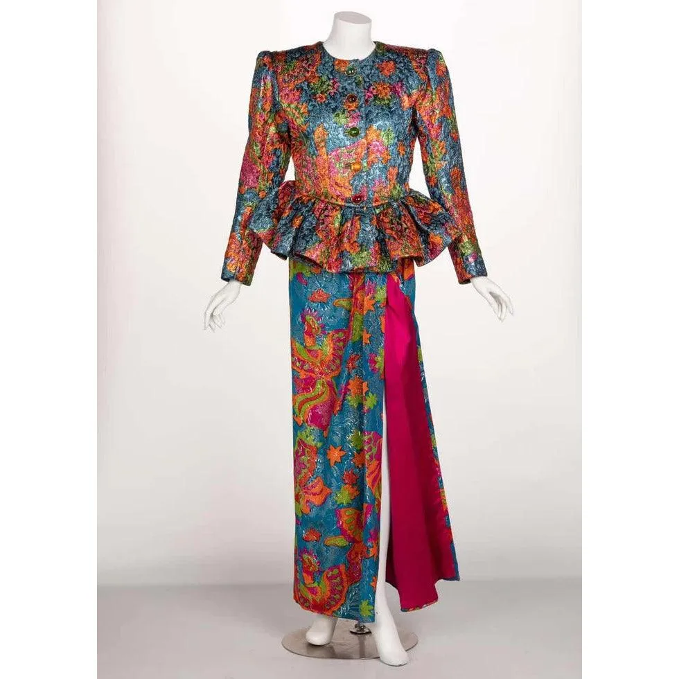 YVES SAINT LAURENT Silk Brocade Jacket Butterfly Skirt Ensemble Runway, 1989 | Size 40